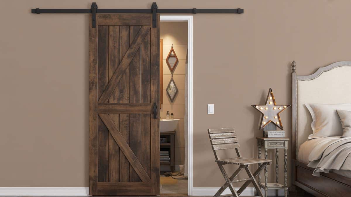Single dark rustic Z-brace barn door on black rail in a rustic bedroom with a marquee star light and upholstered headboard beside the door