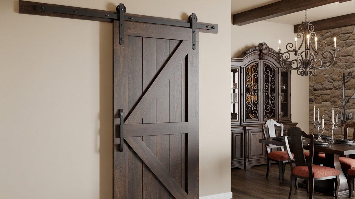 Rustic Z-brace sliding barn door opening to a formal dining room with rough stone walls, an iron scroll chandelier, and red upholstered chairs