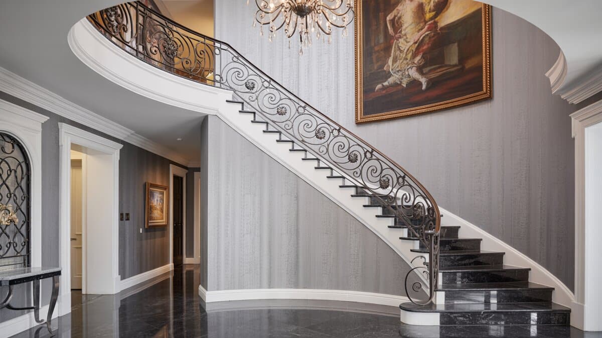 Grand formal entryway with curved staircase and ornate scrolled wrought iron on dark granite steps
