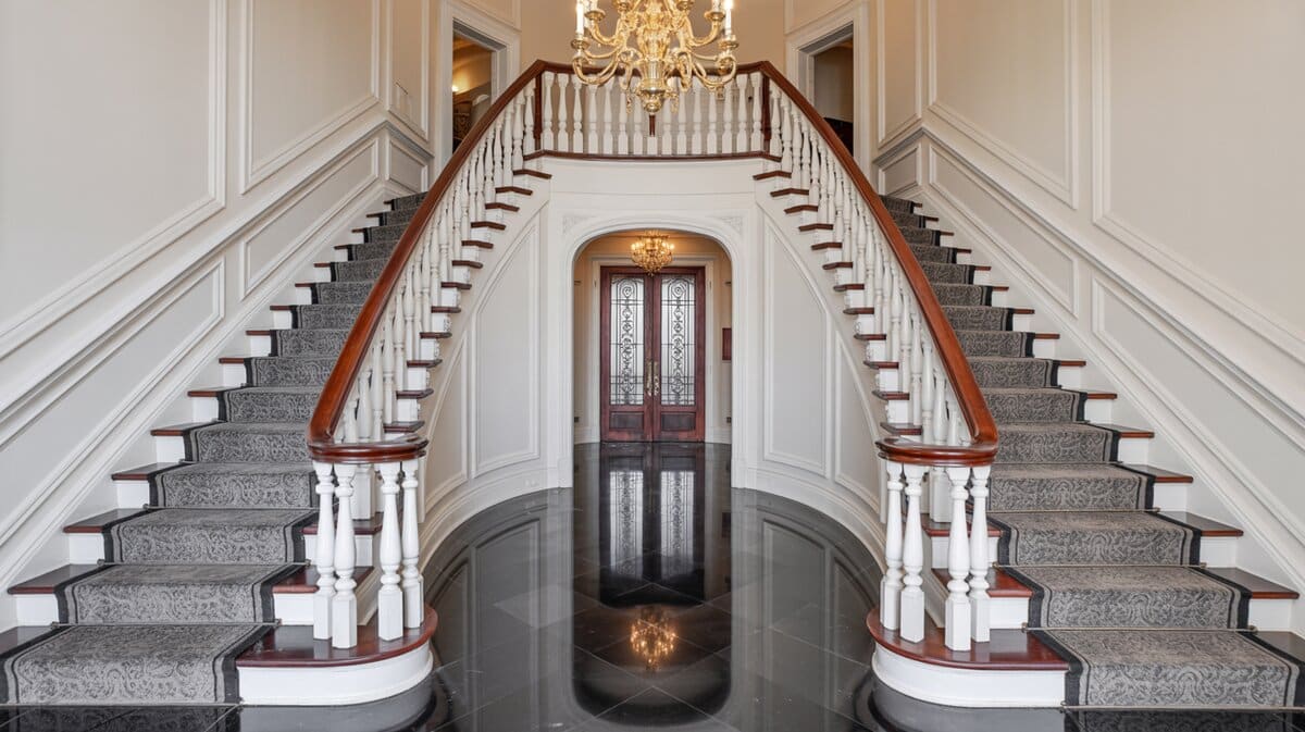 Grand formal foyer with double curved staircase and dark mahogany handrail on black marble floor