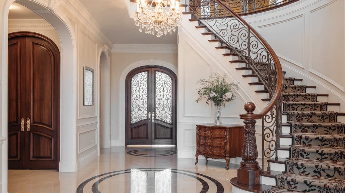Grand formal foyer with sweeping curved staircase and scrolled iron mahogany handrail and crystal chandelier