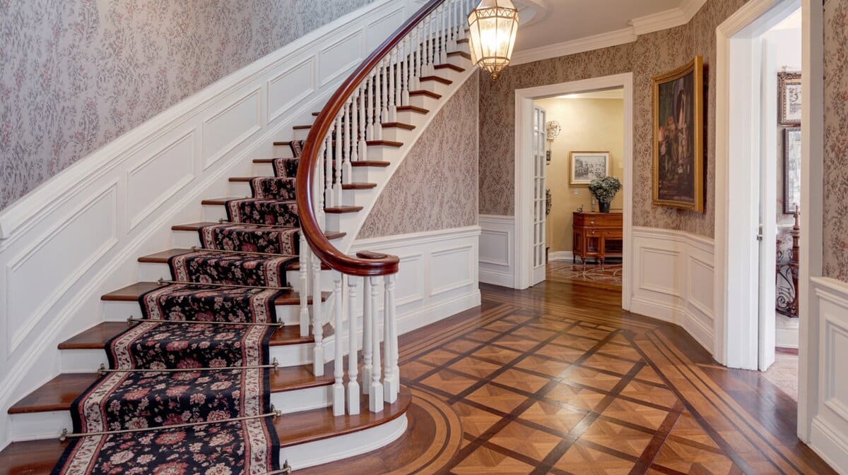 Grand traditional formal foyer with curved carpeted staircase and white balusters on mahogany parquet floor