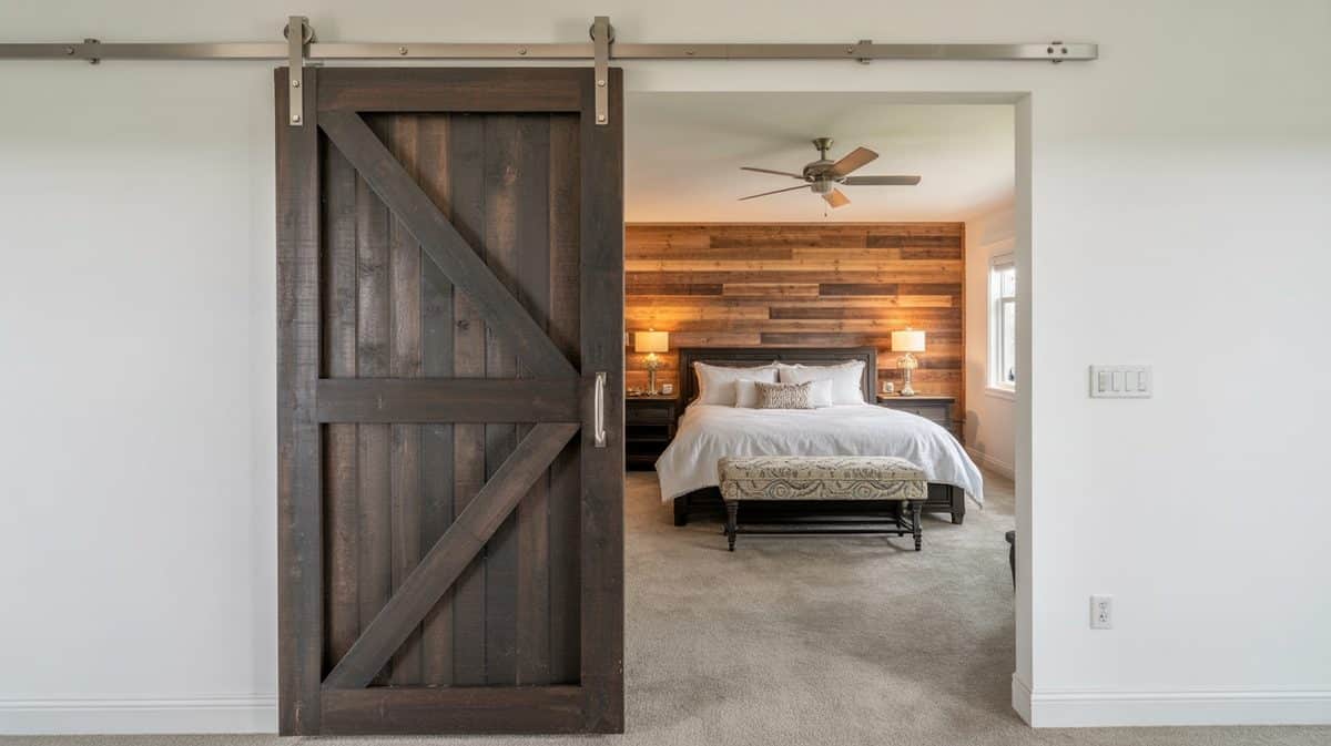 Dark distressed Z-brace sliding barn door on brushed steel rail leading to a bedroom with a reclaimed wood plank accent wall and ceiling fan
