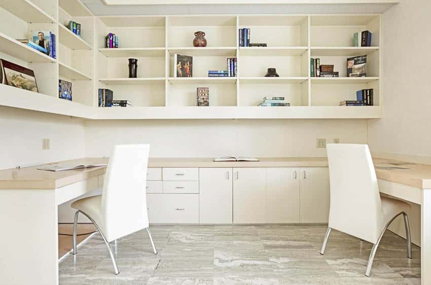 Office with dual desks and shelving