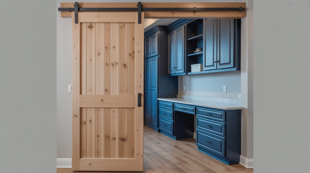 Natural knotty pine barn door on black rail opening to a home office nook with bold blue built-in upper cabinets and a white quartz desk