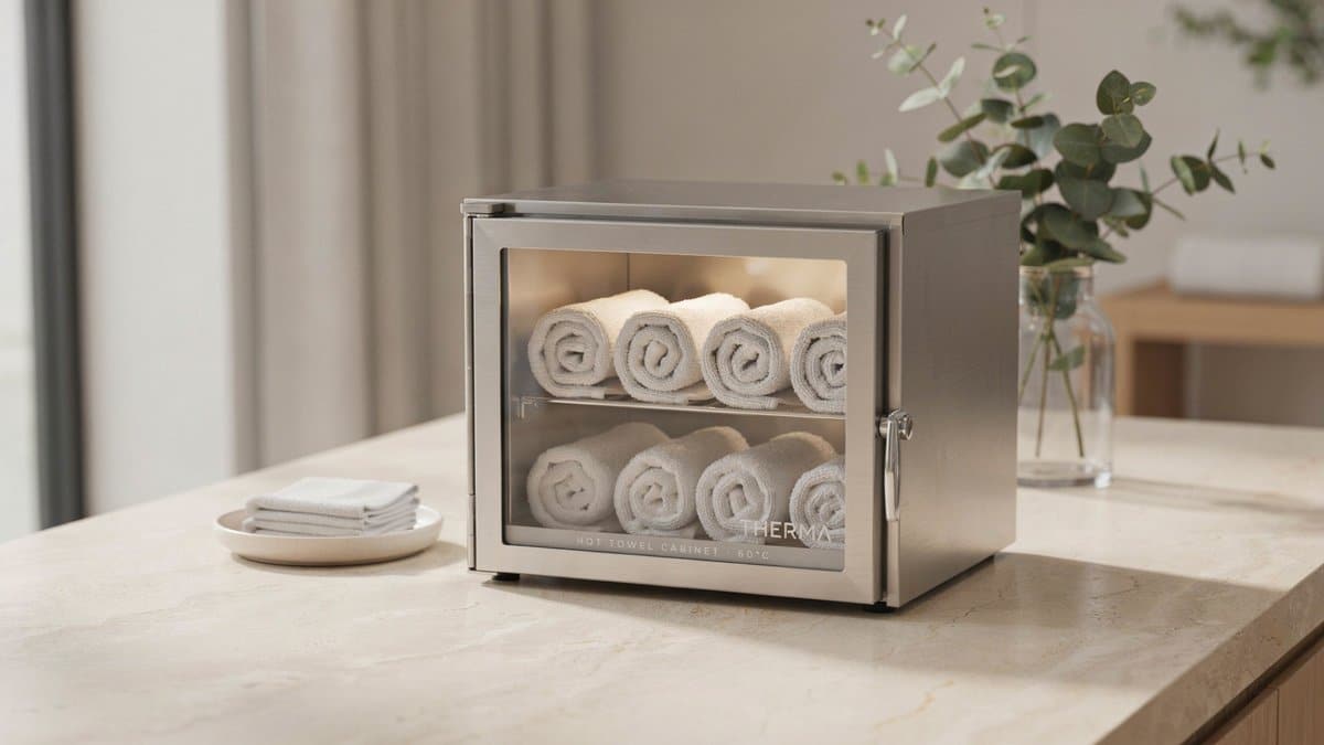 Stainless steel hot towel cabinet with glass door and rolled towels on two shelves