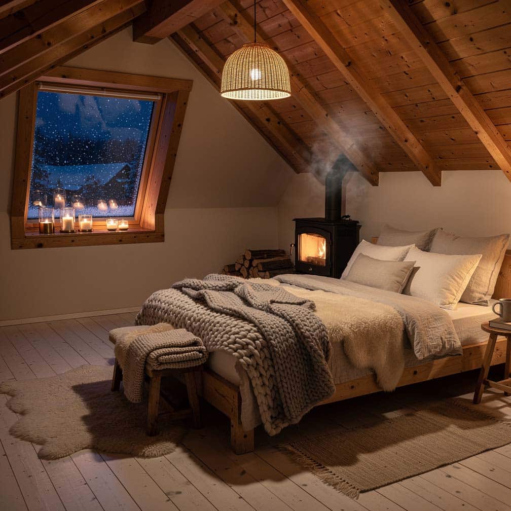 Hygge style attic bedroom with wood-clad ceiling, chunky knit throws, and wood-burning stove