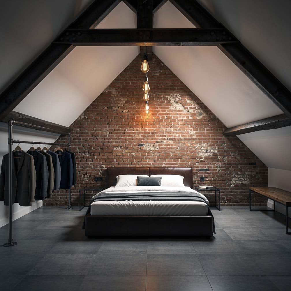 Industrial style attic bedroom with exposed brick, steel trusses, and leather platform bed