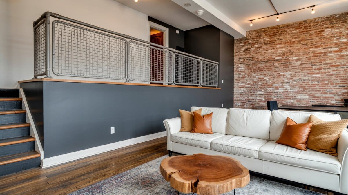 Industrial urban loft living room with wire mesh and pipe metal guardrail next to exposed brick wall