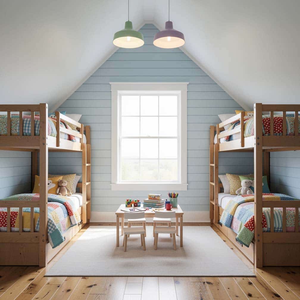 Kids attic bedroom with built-in bunk beds under a steeply pitched shiplap ceiling