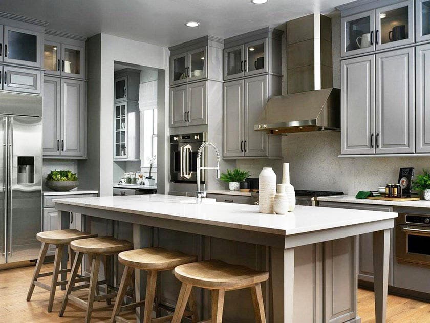 Kitchen with gray cabinets and black door hardware