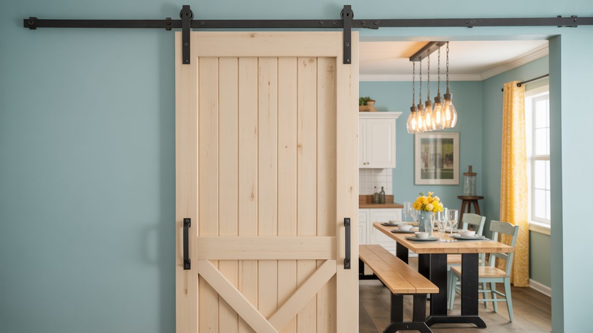 Raw pine plank barn door on black rail beside a cottage dining room with blue-green walls, yellow curtains, and Edison pendant lights