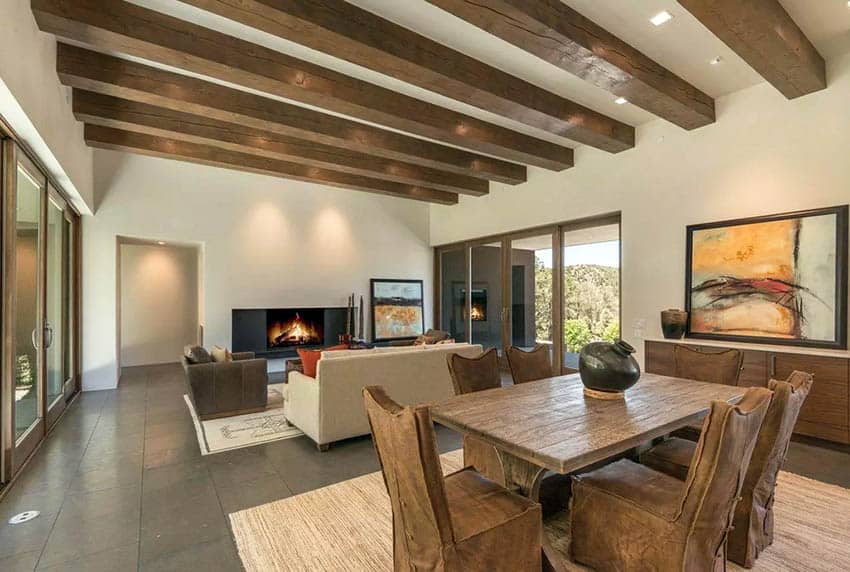 Living room dining with exposed beam ceiling