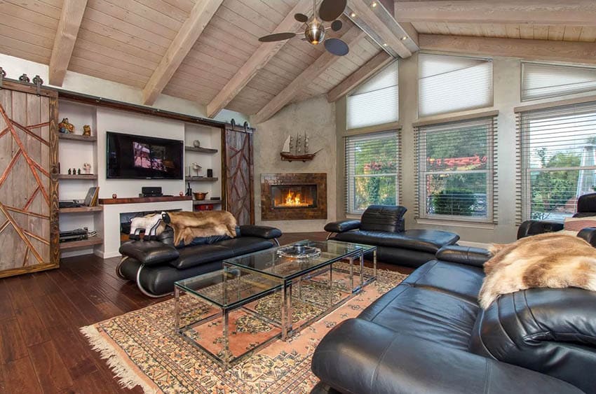 Room with recesses area for the television, shiplap ceiling and fireplace