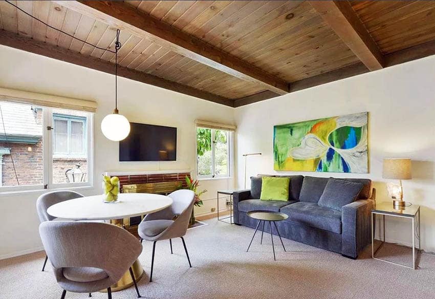 Living room with tongue and groove ceiling