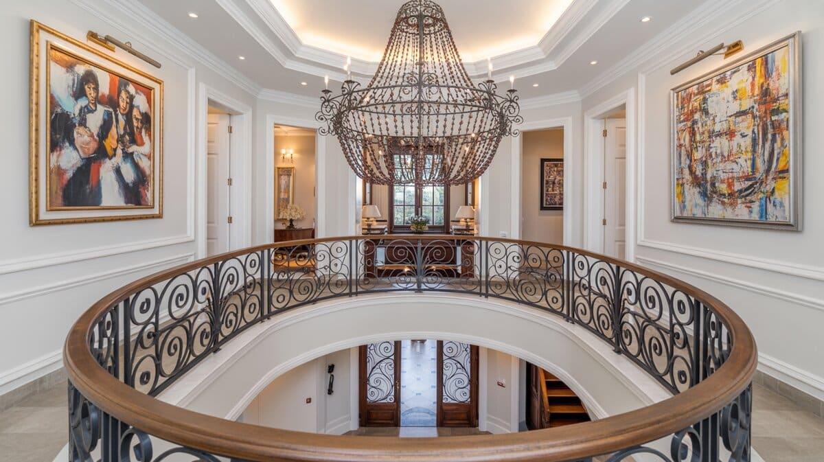 Luxury home second floor landing with ornate wrought iron railing and crystal chandelier
