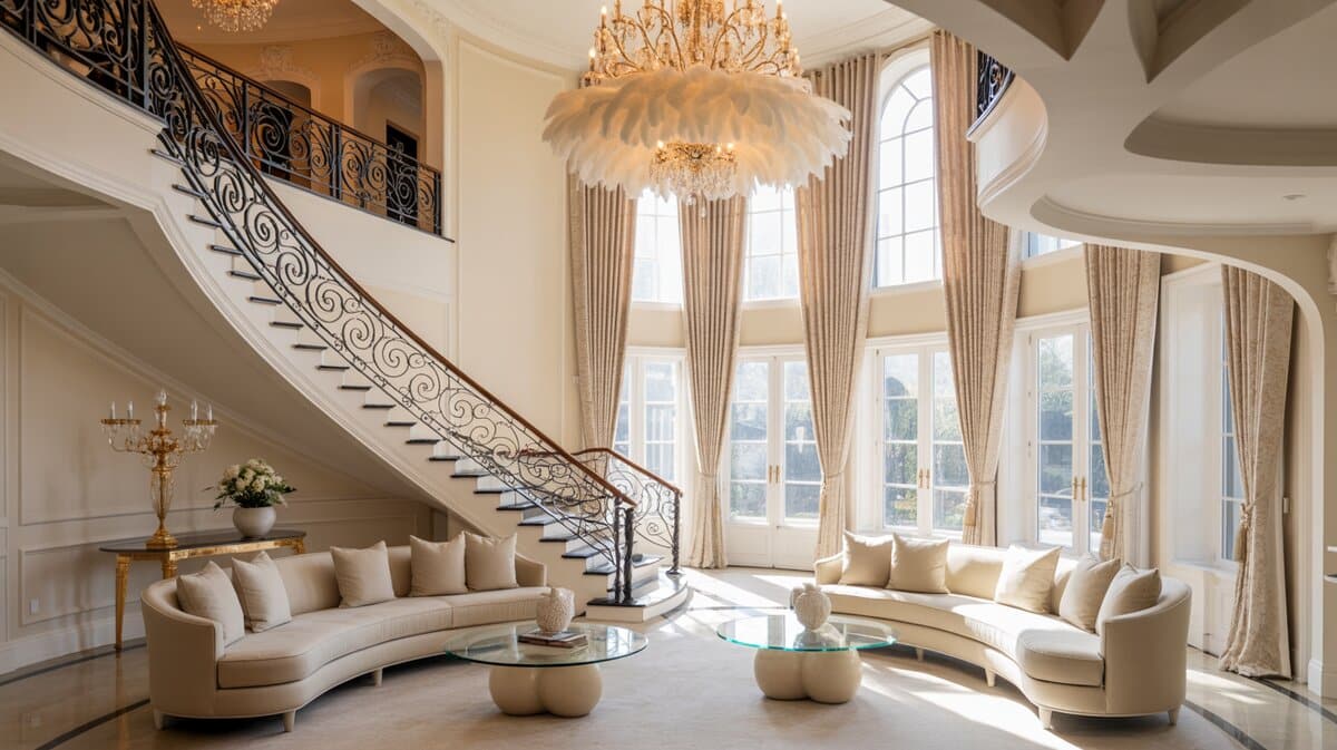 Luxury living room with curved staircase and ornate scrolled wrought iron railing with crystal chandelier