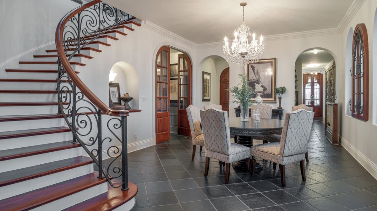 Mediterranean dining room with curved staircase and scrolled wrought iron balusters and mahogany handrail