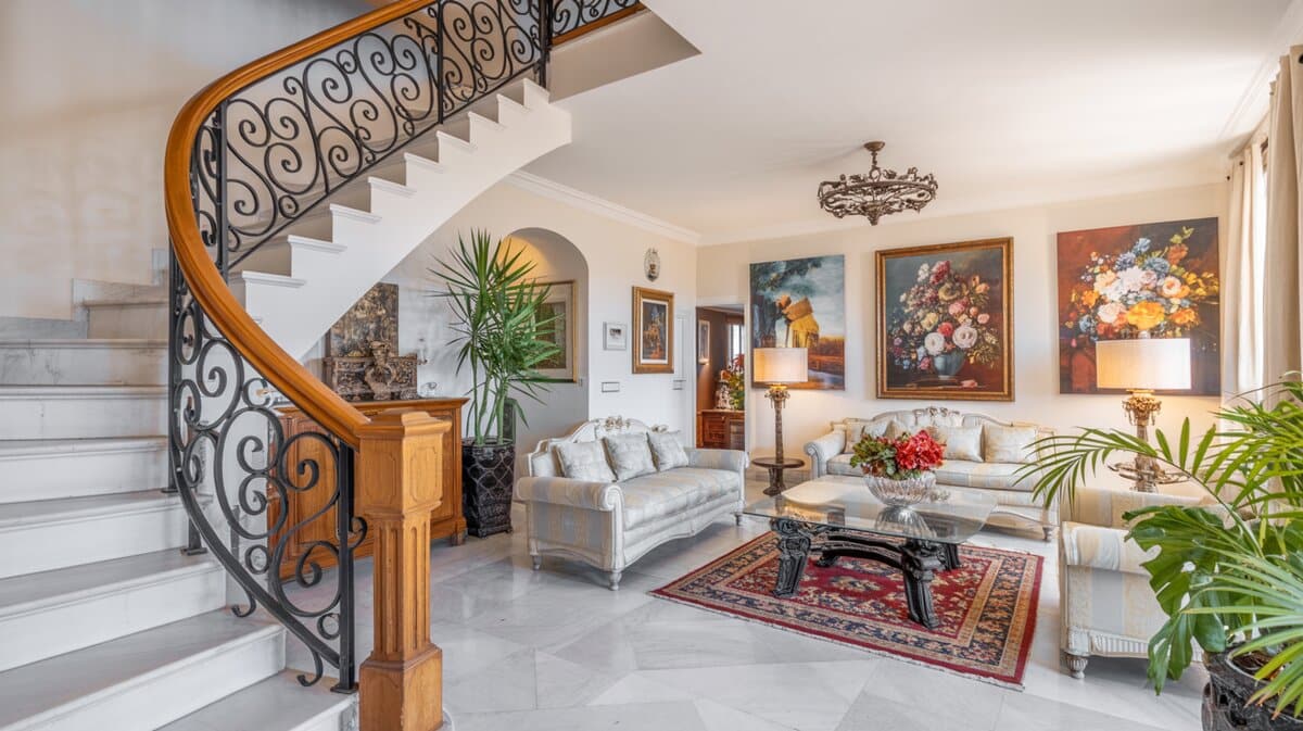 Mediterranean living room with white scrolled wrought iron railing on marble stairs with floral art