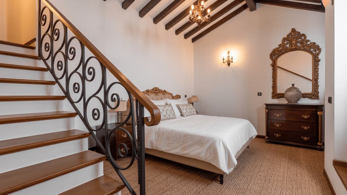 Mediterranean loft bedroom with ornate black wrought iron railing under wood beams and vaulted ceiling