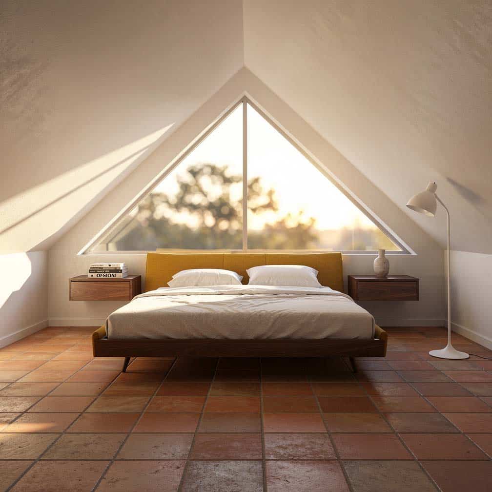 Mid-century modern attic bedroom with walnut bed frame, mustard headboard, and terracotta floors