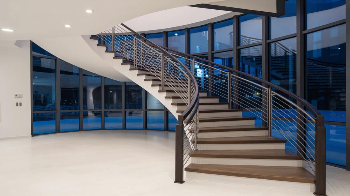 Modern dramatic curved staircase with horizontal stainless steel bar railings and floor-to-ceiling windows