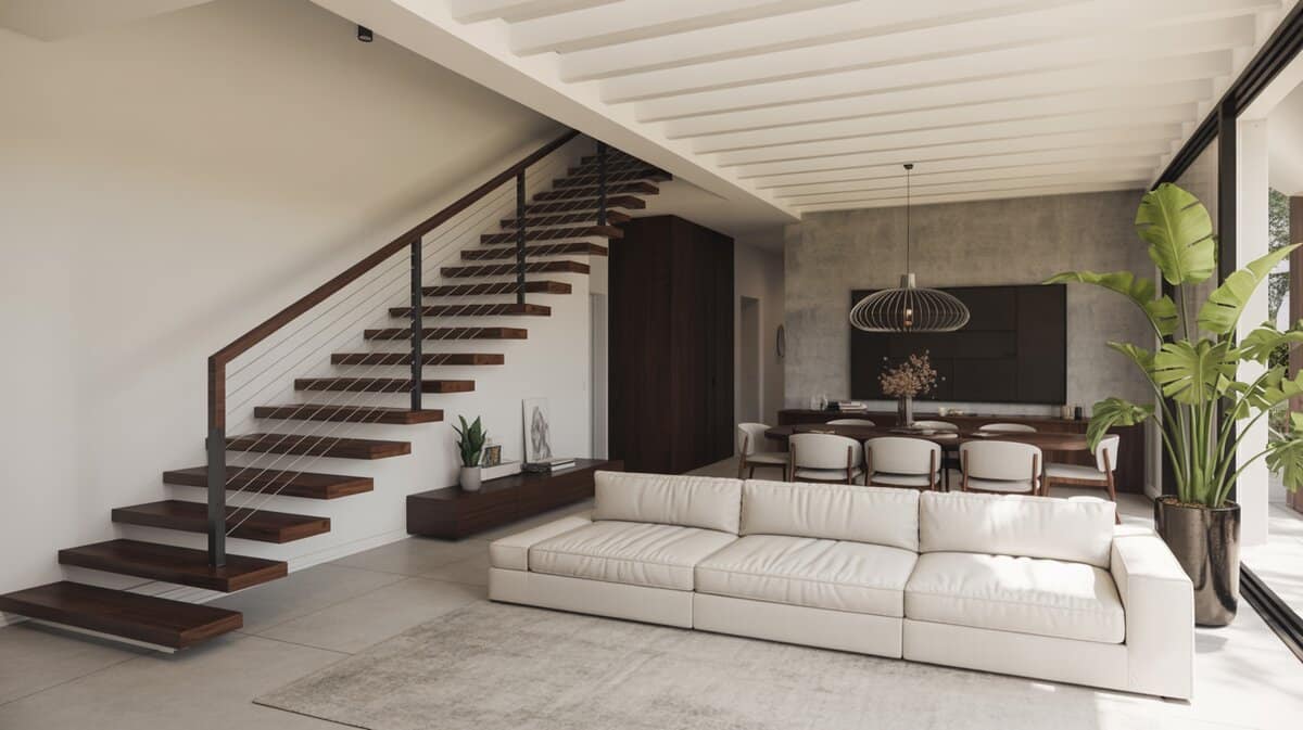 Modern European interior with floating wood staircase and glass panels and cable railing next to white sectional