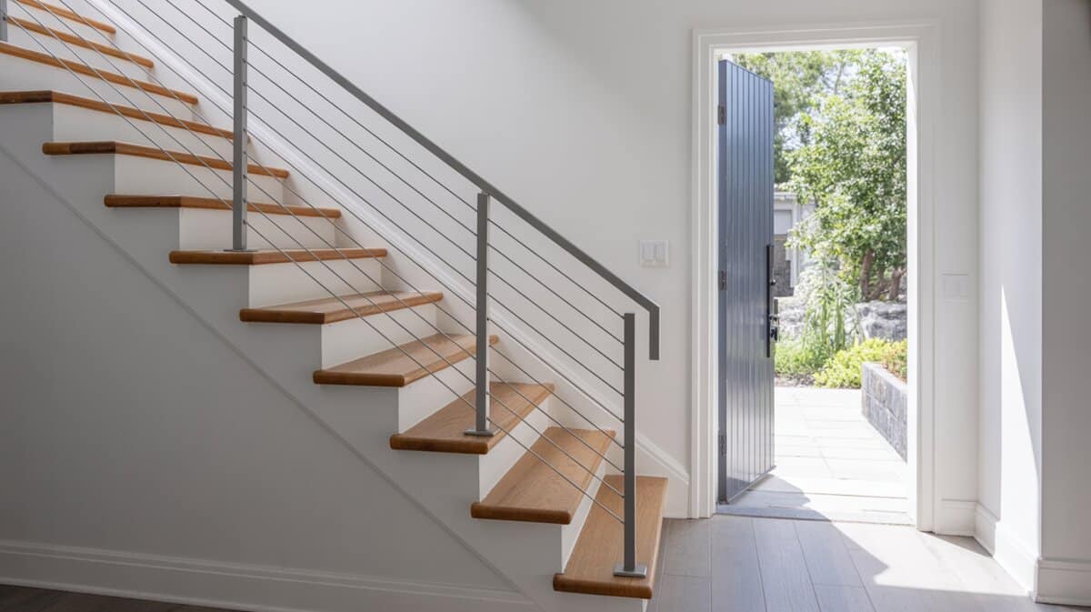 Modern home entryway staircase with stainless steel cable wire railing and oak treads