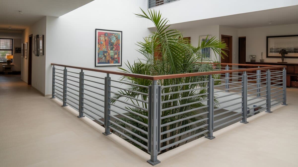 Modern home landing with floor-to-ceiling vertical aluminum post railing with horizontal bars and plants