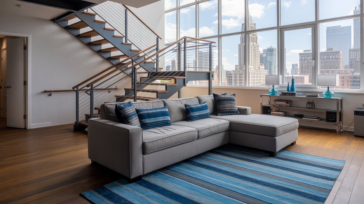Modern loft living room with cable wire stair railings and city skyline view