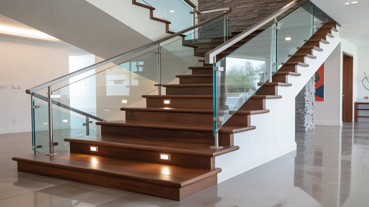 Modern staircase with dark walnut floating steps and glass panel balusters with step lights