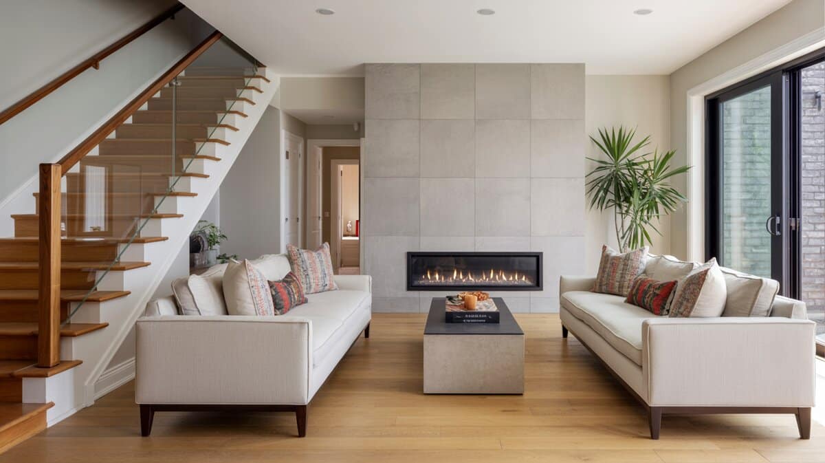 Modern transitional living room staircase with frameless glass balusters and linear fireplace with gray tile