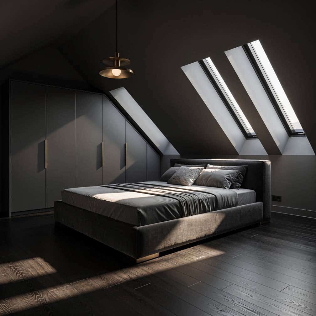 Moody modern attic bedroom with gunmetal sloped ceiling, velvet bed, and brass pendant light