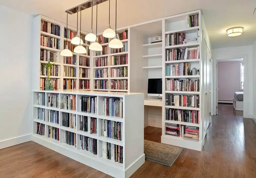 Office nook with pendant lights and bookshelves