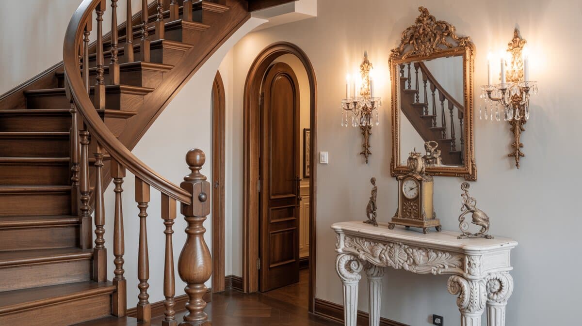 Old world European home with curved staircase and dark walnut handrail with thick turned balusters and antique mirror