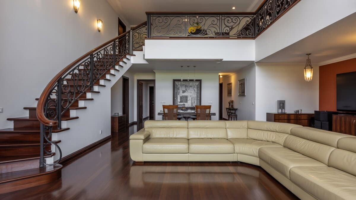 Open plan luxury Asian-influenced living room with curved wrought iron staircase railing and upper loft