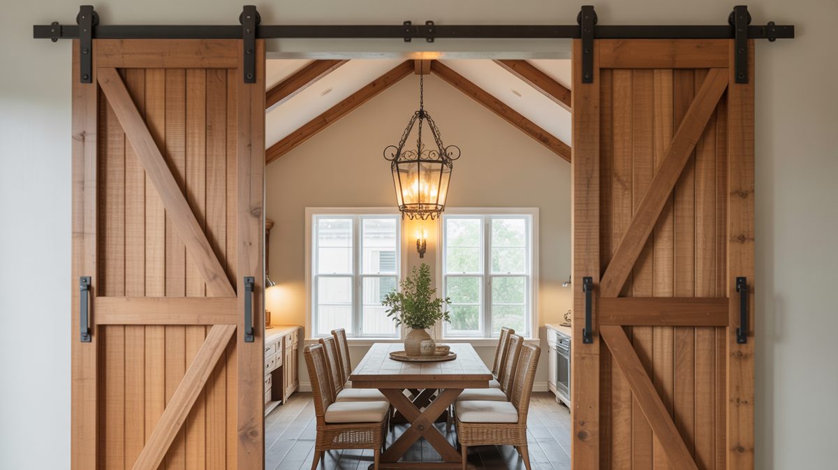 Double natural wood Z-brace barn doors on black rail opening to a dining room with vaulted wood beam ceiling and iron lantern chandelier