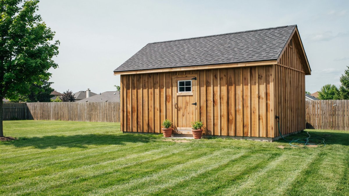 Portable wood garage with cedar plank walls and shingled roof on a backyard lawn