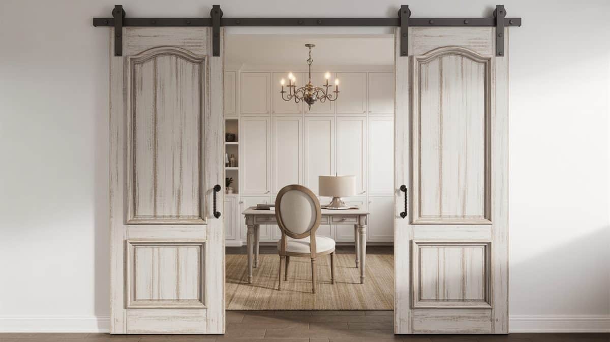 Double whitewashed ornate French-panel barn doors on black rail opening to a white home study with an iron chandelier and upholstered chair