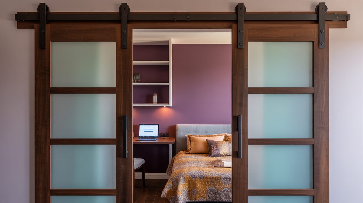 Frosted glass walnut barn doors on black strap hardware opening to a purple bedroom with a laptop desk and gold patterned bedding
