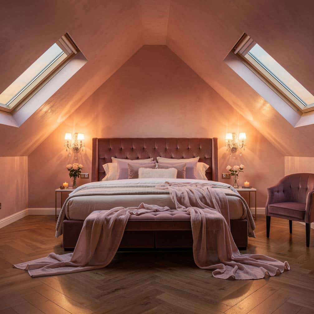 Romantic luxury attic bedroom with blush vaulted ceiling, rose velvet bed, and herringbone parquet floors