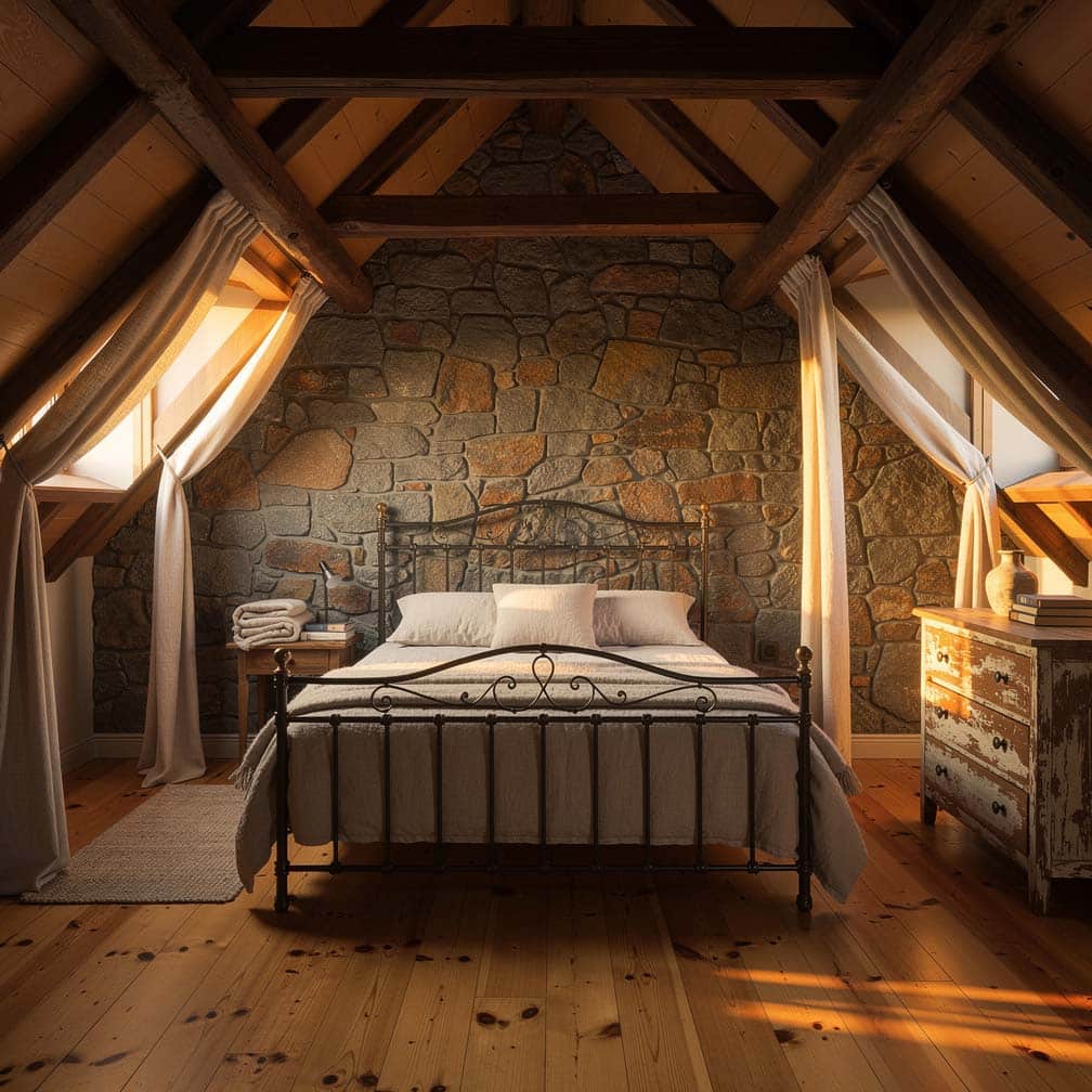 Rustic attic bedroom with exposed timber beams, wrought iron bed frame, and warm golden hour light