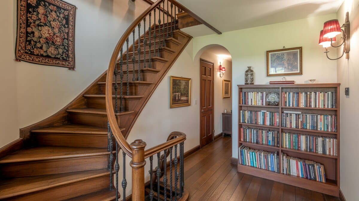 Rustic cottage wood spiral staircase with dark iron balusters next to bookshelf library with vintage sconce