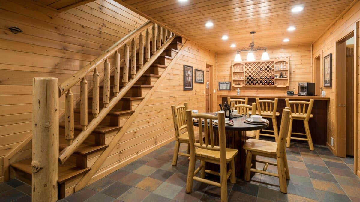 Rustic log cabin basement entertainment room with log pole staircase and natural log handrail in knotty pine room