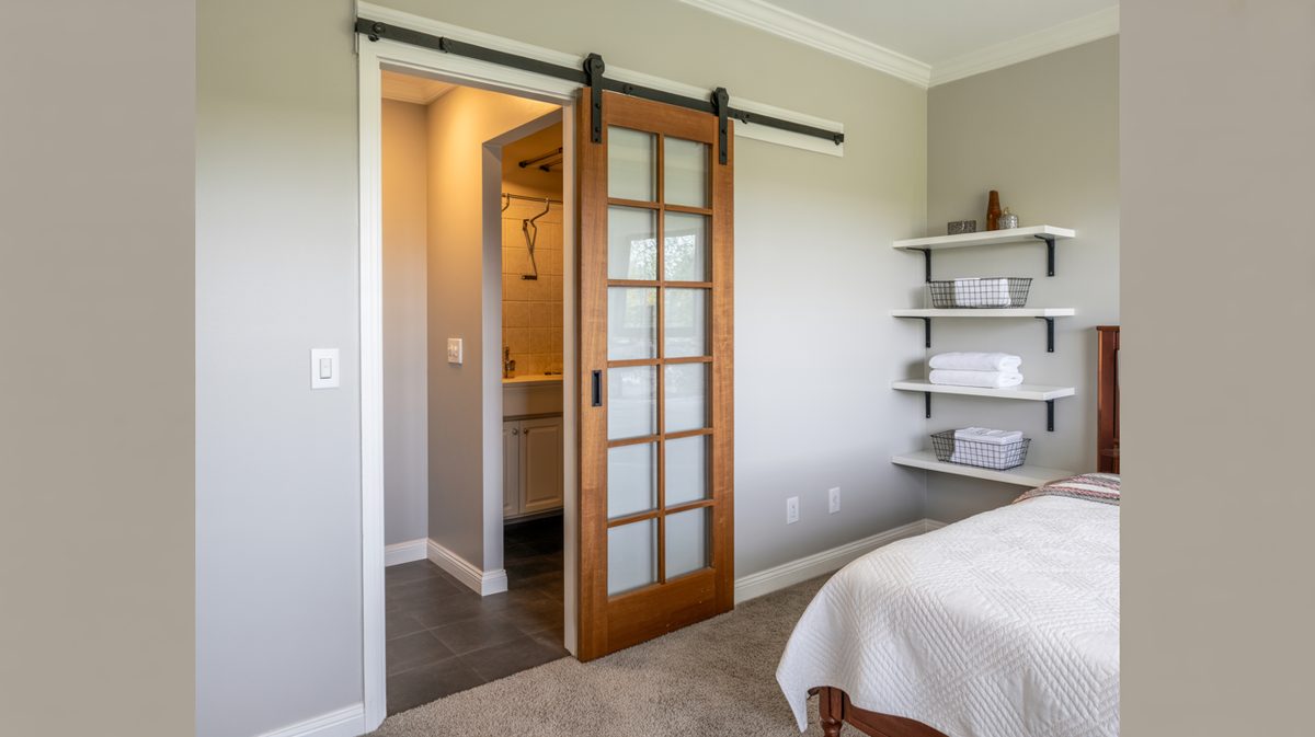 Single wood-frame glass grid French-style barn door on black rail in a gray bedroom with floating white wall shelves and en-suite bathroom