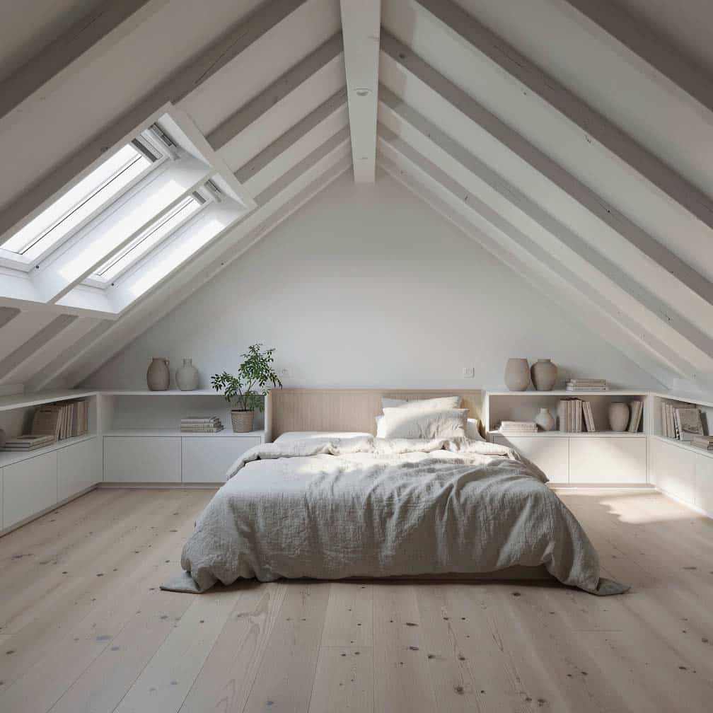 Scandinavian style attic bedroom with skylights, linen bedding, and light oak floors