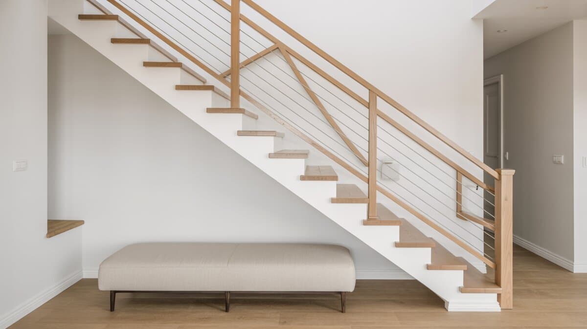 Scandinavian minimal home with floating white stairs and oak top rail cable wire with criss-cross wood bracing