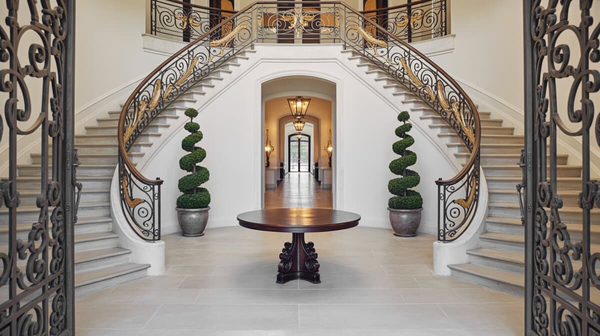 Spectacular grand estate foyer with dual curved staircases and ornate wrought iron railings on limestone