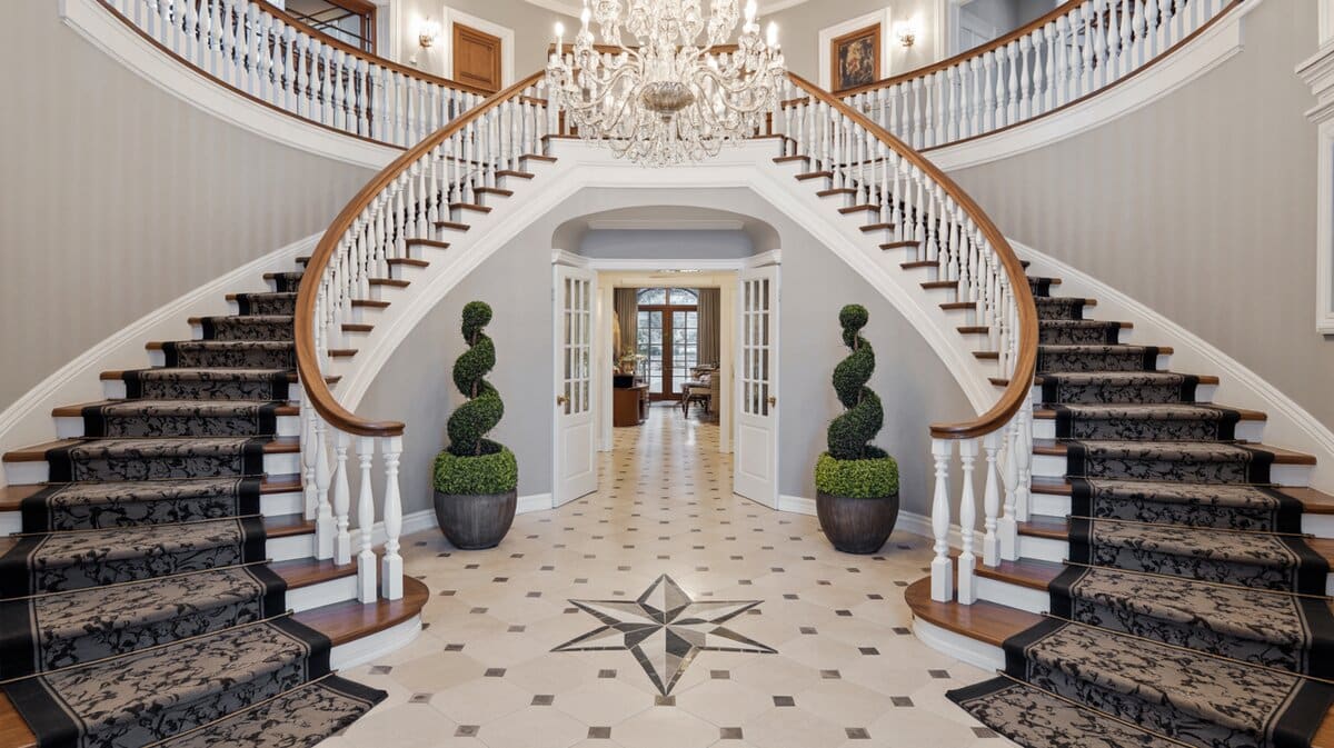 Spectacular grand formal foyer with dual sweeping curved staircases and white balusters and crystal chandelier