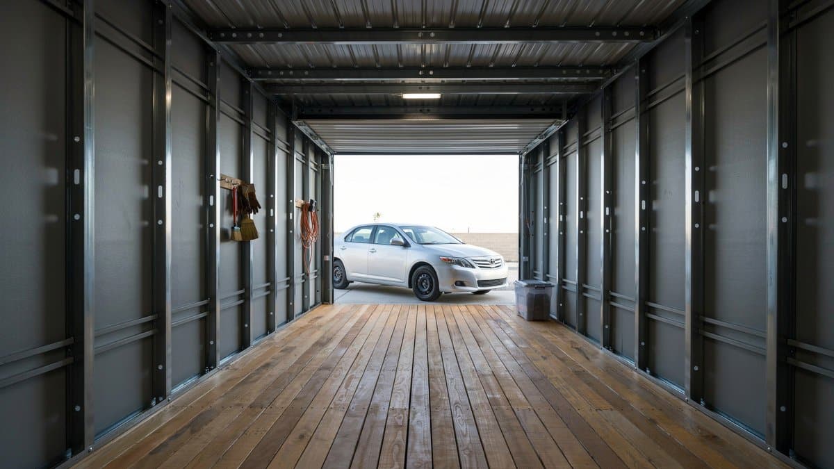 Steel portable garage interior with warm wood plank flooring and a parked silver car